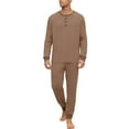 thumbnail image 1 of Dwelliawo Men’s Pajama Set 2 Pcs Henley Neck Long Sleeve Tshirts and Pants Pockets Pjs Set Lounge Casual Loose 2025 Fall Trendy Solid Color Sleepwear Light Brown M, 1 of 9