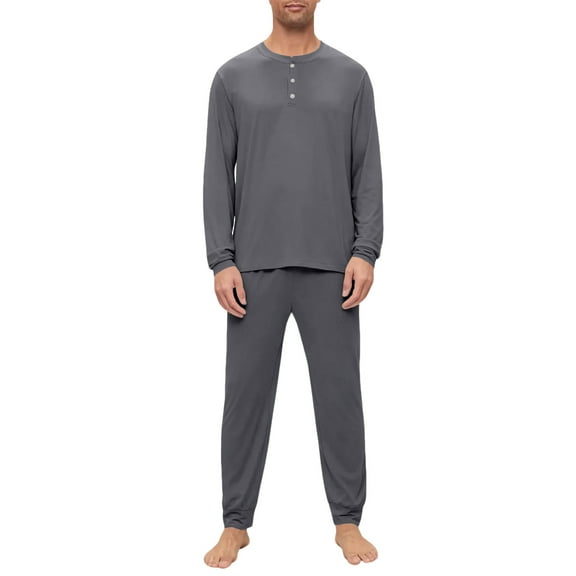 Dwelliawo Men’s Pajama Set Two Pieces Henley Collar Long Sleeve Tee and Pants with Pockets Pjs Set Lounge Casual Loose 2025 Fall Dressy Solid Color Sleepwear Dark Gray 2XL