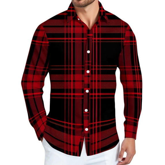 Dwelliawo Men's Plaid Button Down Shirt Plaid Button Down Shirt Long Sleeve Flannel Shirts Vintage Lightweight Shirt Autumn Tops with Pocket Deep Red 2XL