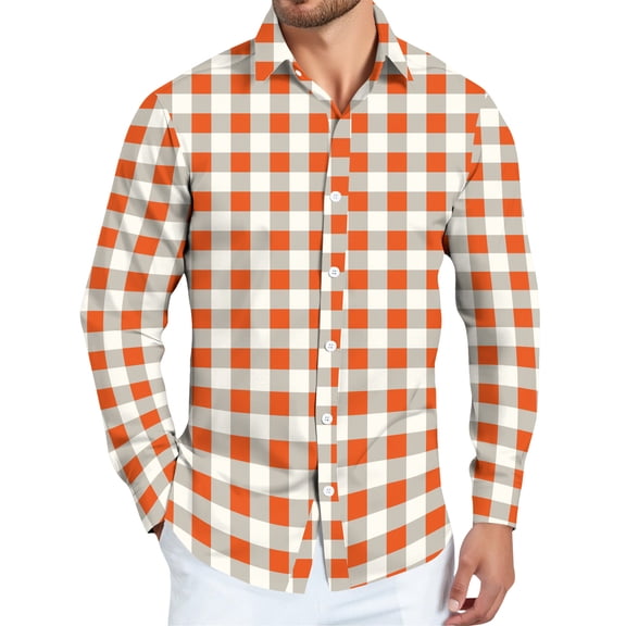 Dwelliawo Men's Plaid Button Down Shirt Plaid Flannel Shirt Long Sleeve Button Down Shirts Lightweight Oversized Shirts Casual Top with Pocket Orange L