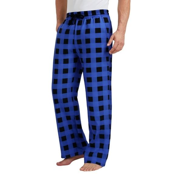 Dwelliawo Men's Plaid Pajama Pants 2025 Lounge Wide Leg Plaid Red Plaid Pants Comfy Christmas Halloween Pjs Cotton Drawstring Sleep Cute Bottoms Blue 2XL