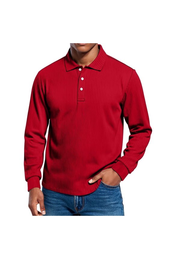 Men's Polo Shirts Casual Collared Stylish Golf Tee Ribbed Button Classic Long Sleeve Shirts Red 3XL