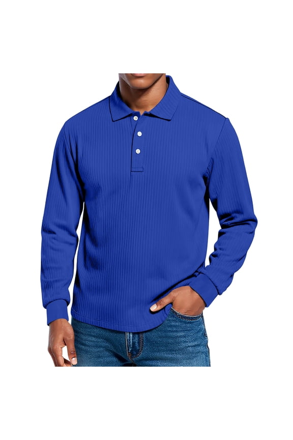 Men's Polo Shirts Ribbed Long Sleeve Classic Button Shirts Loose Fit Collared Stylish Golf Pullover Shirts Royal Blue 3XL