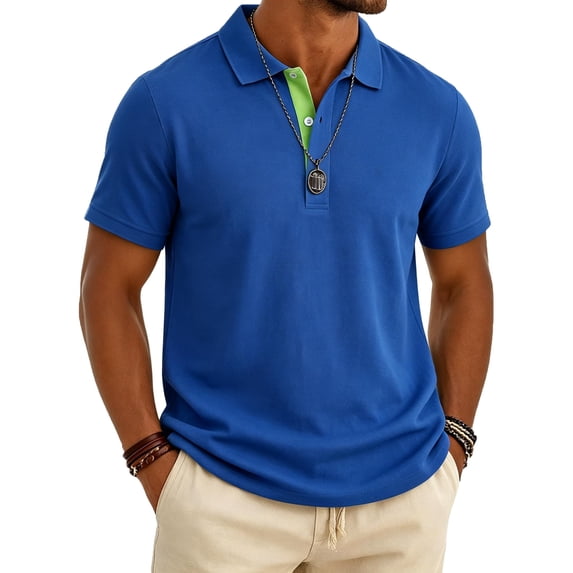 Dwelliawo Men's Polo Shirts Summer Vintage Button Up Collared Golf Shirt Short Sleeve Tshirts Casual Fashion Big and Tall Tshirt Dark Blue L