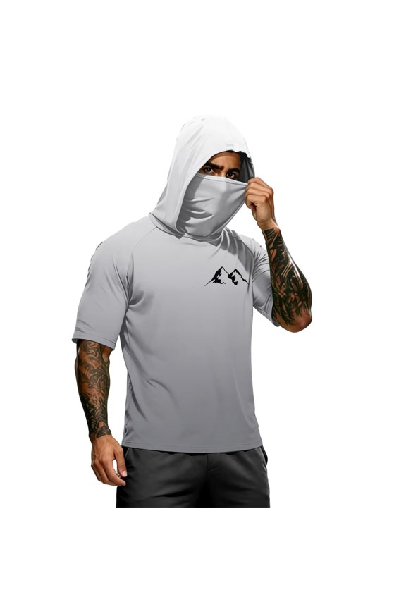 Men's Quick Dry Sun Protection Hood Top With Integrated Face Mask Ombre Gradient Palm Pattern Short Sleeve Apparel For Inshore Fishing Beach Jogging Outdoor Adventure Use Dark Gray S