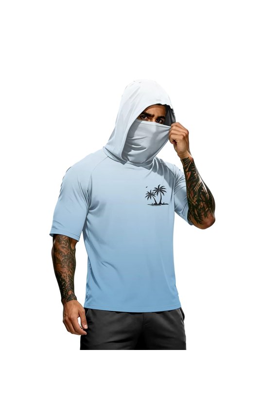 Men's Quick Dry Sun Protection Hood Top With Integrated Face Mask Ombre Gradient Palm Pattern Short Sleeve Apparel For Inshore Fishing Beach Jogging Outdoor Adventure Use Light Purple M
