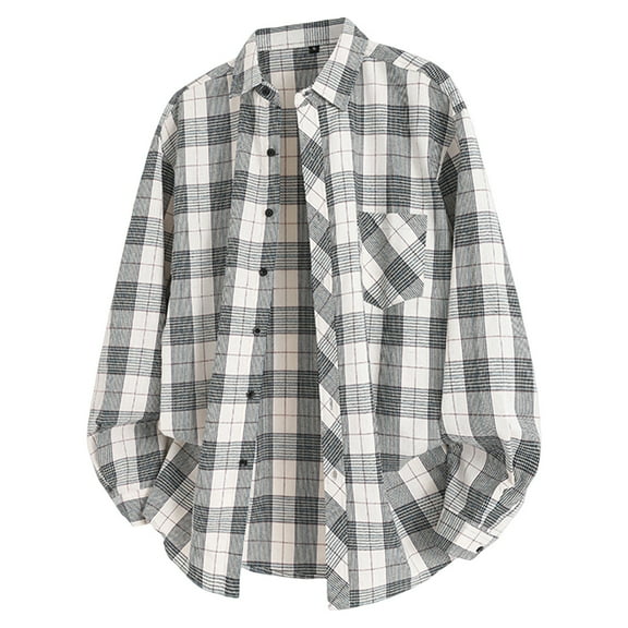 Dwelliawo Men's Shirt Plaid Button Down Shirts Casual Flannel Shirt Vintage Loose Jacket Casual Tops with Pocket White 3XL