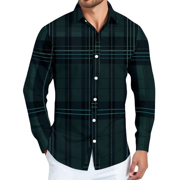 Dwelliawo Men's Shirt Plaid Flannel Shirt Long Sleeve Button Down Shirts Vintage Lightweight Shirts Casual Top with Pocket Turquoise L