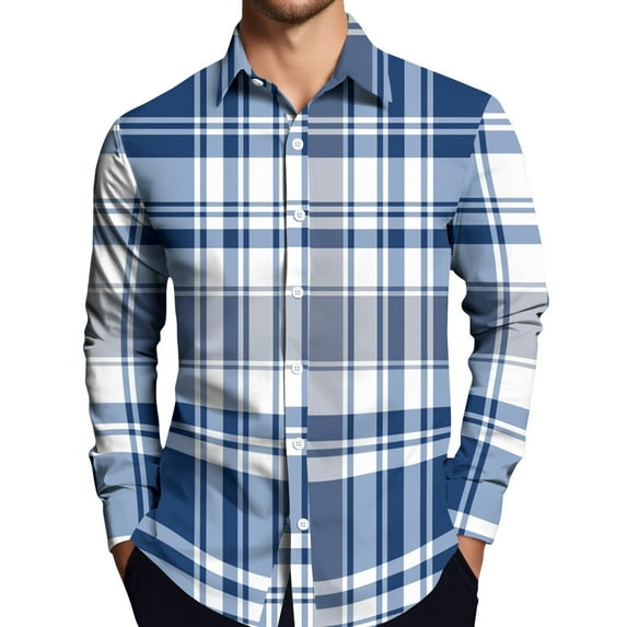 Dwelliawo Men's Shirt Plaid Flannel Shirts Long Sleeve Button Down Shirt Vintage Loose Shirts Casual Tops with Pocket Royal Blue L