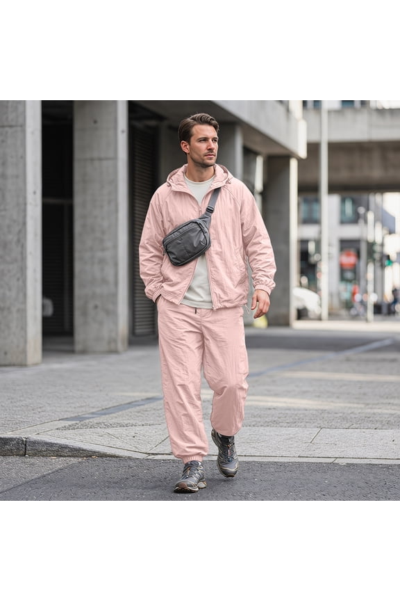 Men's Short Sets 2 Piece Outfits Summer UPF 50 Long Sleeve Full Zip Hoodies Matching Short Sets Traksuit Pink M