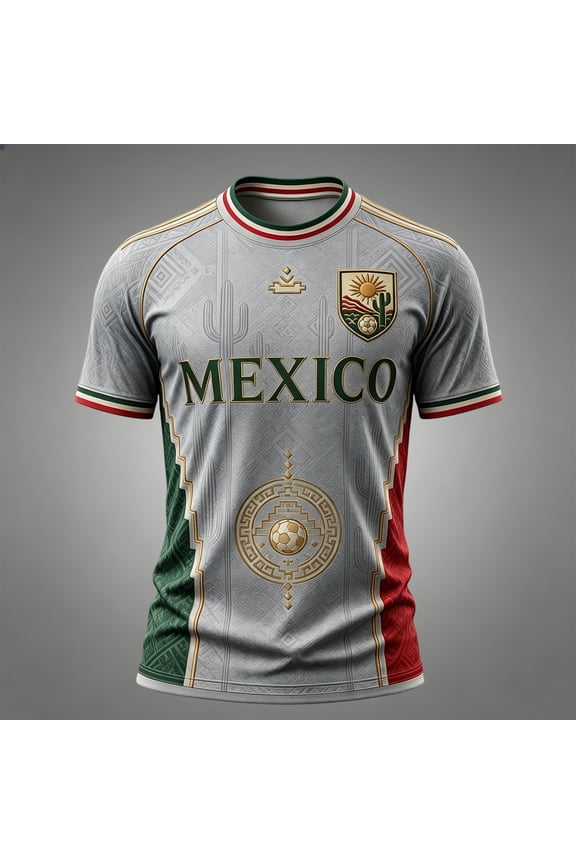 Men’s Short Sleeve Athletic Mexico Soccer Jerseys 2026 Mexico Soccer Tops Crew Neck Funny Football Black Gold Digital Print Summer Tee shirts Gray L