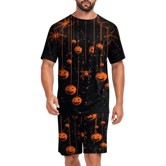 Dwelliawo Men's Short Sleeve Pajama Set Summer Pjs Set 2 Piece Loungewear Sleepwear with Pockets Orange L