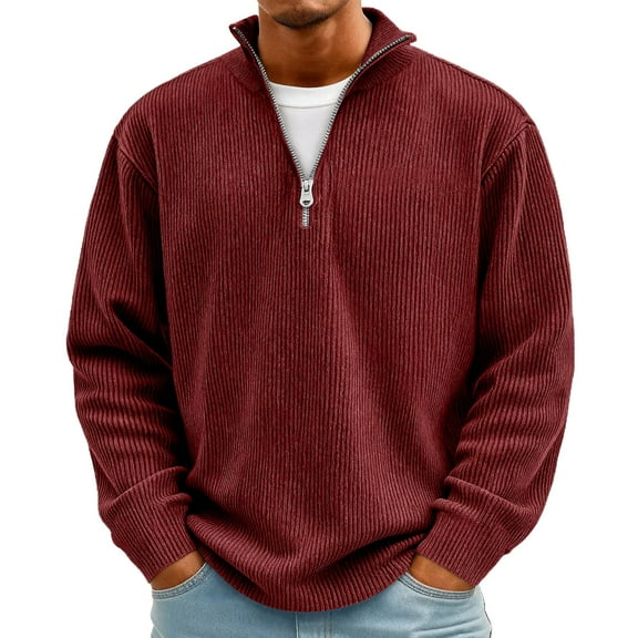 Dwelliawo Men's Sweater Long Sleeve Quarter Zip Ribbed Sweater Polo Corduroy Sweaters Warm Fashion Fall Winter Slim Fit Stand Collar Pullover Wine L