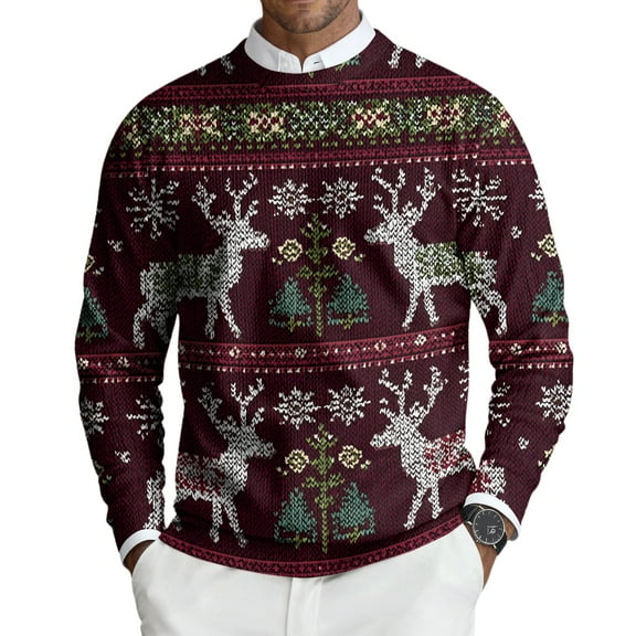 Dwelliawo Men's Sweaters Casual Crewneck Long Sleeve Sweater Knit Christmas Print Snowflake Graphic Sweaters Thick Christmas Pullover Sweater Clearance Wine M
