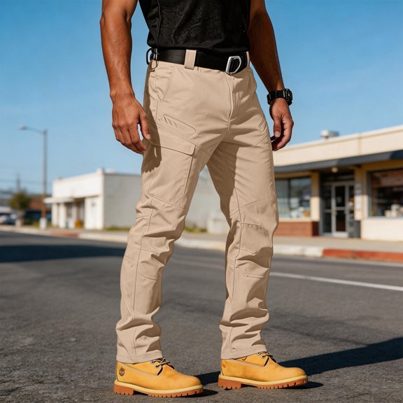 Dwelliawo Men’s Tactical Pants, Ripstop Water Resistant Cargo Work Pants for Men, Stretch Hiking Pants Lightweight Khaki M