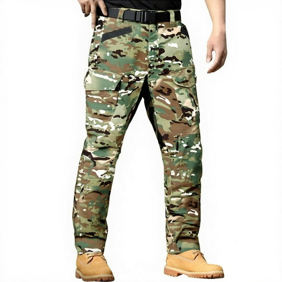 Dwelliawo Men's Tactical Pants Waterproof Lightweight Cargo Pants with Pockets Stretch Hiking Big and Tall Outdoor Work Pantalones Camouflage S
