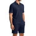 thumbnail image 1 of Dwelliawo Men's Textured Polo Shirt And Shorts Set, 2 Piece Summer Casual Outfit, Breathable V Neck Knit Tracksuit For Daily Wear Navy M, 1 of 5