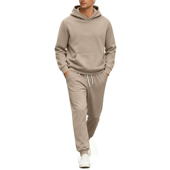 Dwelliawo Men's Tracksuit 2 Piece Hoodie and Sweatpants Heavyweight Solid Color Casual Pullover Hoodies Joggers Running Pants Set Relaxed Fit Fall Winter Suit with Pockets Khaki S