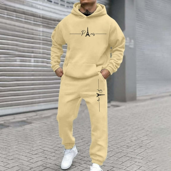 Dwelliawo Men's Tracksuit 2 Piece Hoodie and Sweatpants Solid Color Casual Hoodie Jogging Running Pants Set Relaxed Fit Winter Suit with Pockets Khaki XL