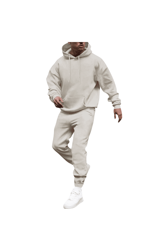 Men's Tracksuit 2 Piece Hoodie and Sweatpants Solid Color Fleece Hoodie Jogging Sport Pants Set Relaxed Fit Fall Winter Suit with Pockets Beige L
