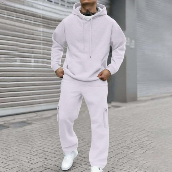 Dwelliawo Men's Tracksuit 2 Piece Hoodie and Sweatpants Solid Color Fleece Pullover Hoodies Jogging Sport Pants Set Relaxed Fit Fall Winter Suit with Pockets White L