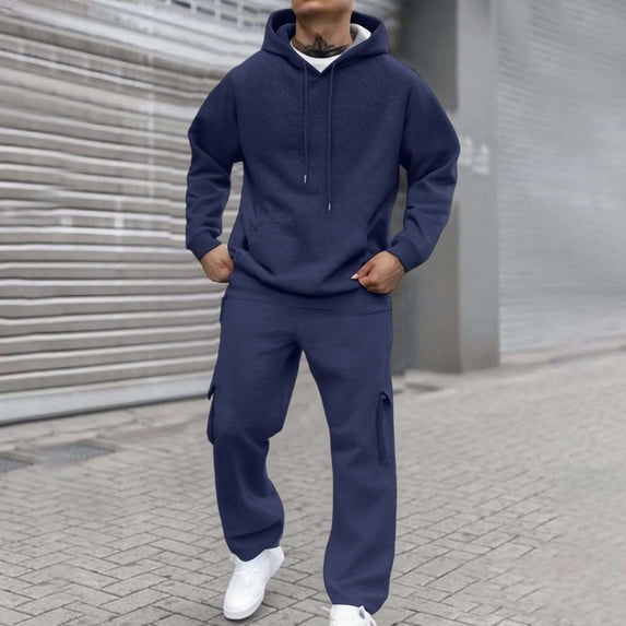 Dwelliawo Men's Tracksuit 2 Piece Hoodie and Sweatpants Solid Color Fleece Pullover Hoodies Jogging Sport Pants Set Sweat Fall Winter Suits with Pockets Navy S
