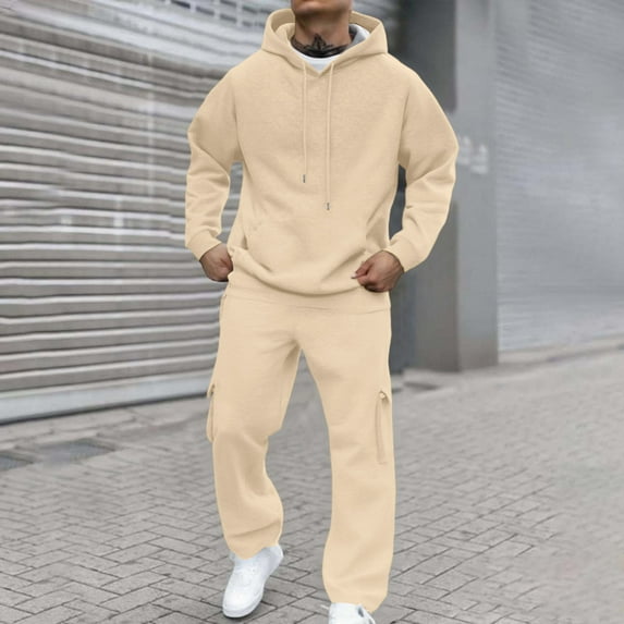 Dwelliawo Men's Tracksuit 2 Piece Hoodie and Sweatpants Solid Color Relaxed Fit Hoodie Joggers Sport Pants Set Fleece Winter Suits with Pockets Beige 3XL