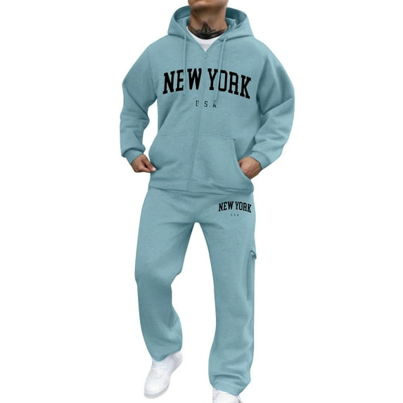 Dwelliawo Men's Tracksuit 2 Piece Hoodie and Sweatpants Solid Color Zipper Casual Hoodie Jogging Sport Pants Set Sweat Fall Winter Suits with Pockets Sky Blue 2XL