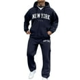 thumbnail image 1 of Dwelliawo Men's Tracksuit 2 Piece Hoodie and Sweatpants Solid Color Zipper Casual Pullover Hoodies Joggers Running Pants Set Sweat Winter Suit with Pockets Navy 3XL, 1 of 3