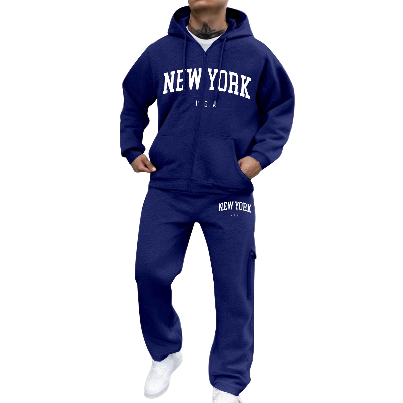 Dwelliawo Men's Tracksuit 2 Piece Hoodie and Sweatpants Solid Color Zipper Fleece Pullover Hoodies Jogging Athletic Pant Set Sweat Winter Suit with Pockets Blue 2XL