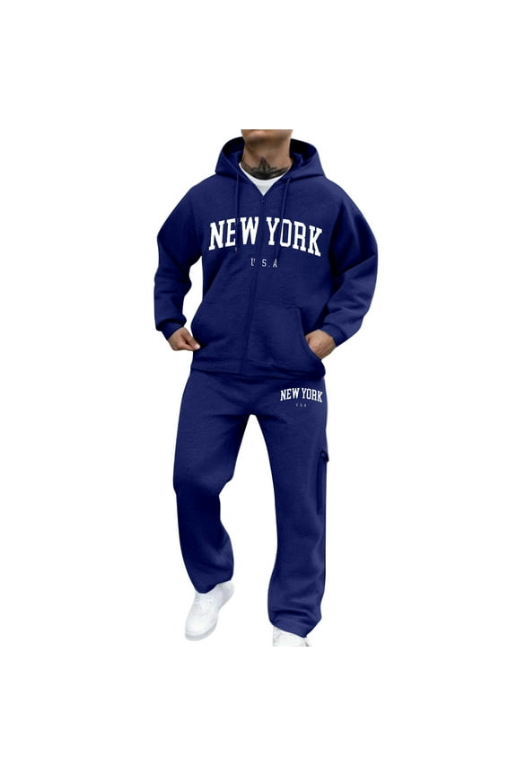 Men's Tracksuit 2 Piece Hoodie and Sweatpants Solid Color Zipper Fleece Pullover Hoodies Jogging Athletic Pant Set Sweat Winter Suit with Pockets Blue 2XL