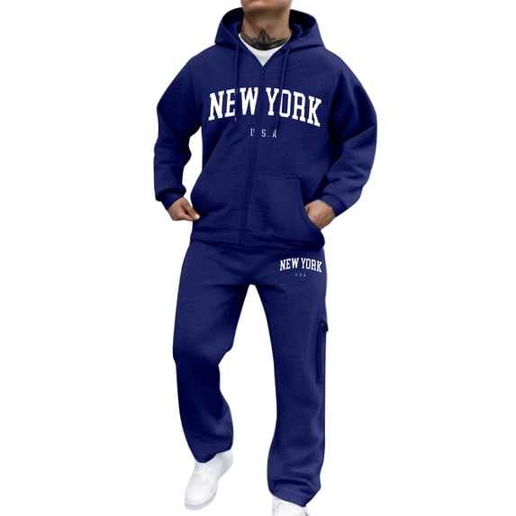 Dwelliawo Men's Tracksuit 2 Piece Hoodie and Sweatpants Solid Color Zipper Sweat Hoodie Joggers Running Pant Set Fleece Fall Suit with Pockets Blue 3XL
