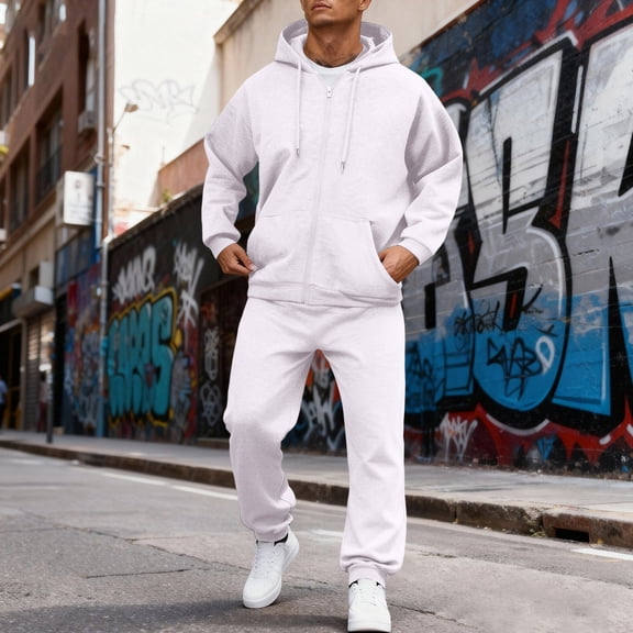 Dwelliawo Men's Tracksuit 2 Piece Hoodie and Sweatpants Solid Color Zipper Sweat Pullover Hoodies Jogging Sport Pants Set Relaxed Fit Fall Winter Suits with Pockets White S