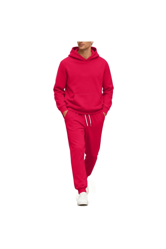 Men's Tracksuits 2 Piece Set Heavyweight Solid Color Fleece Hoodie Joggers Athletic Pants Set Sweat Winter Suits with Pockets Red 2XL