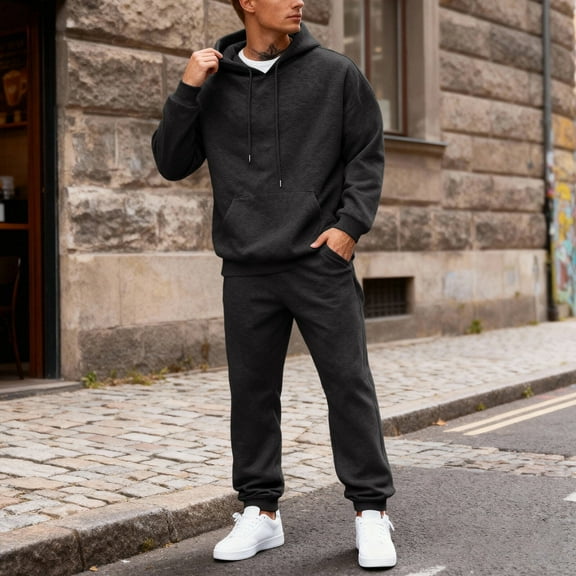 Dwelliawo Men's Tracksuits 2 Piece Set Solid Color Casual Pullover Hoodies Joggers Running Pants Set Sweat Fall Suit with Pockets Black 2XL