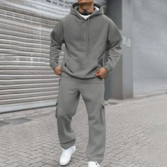 Dwelliawo Men's Tracksuits 2 Piece Set Solid Color Casual Pullover Hoodies Joggers Sport Pant Set Sweat Fall Suit with Pockets Gray L
