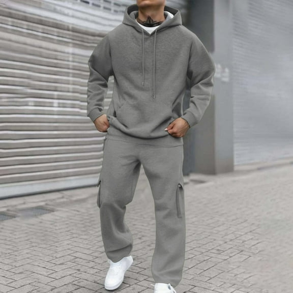Dwelliawo Men's Tracksuits 2 Piece Set Solid Color Casual Pullover Hoodies Joggers Sport Pant Set Sweat Fall Suit with Pockets Gray L