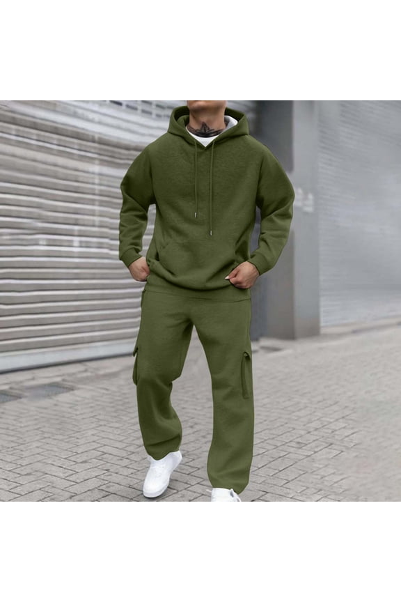 Men's Tracksuits 2 Piece Set Solid Color Casual Pullover Hoodies Jogging Running Pants Set Fleece Fall Suit with Pockets Army Green XL