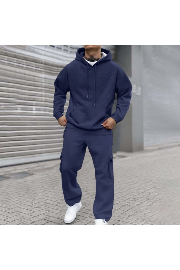 Men's Tracksuits 2 Piece Set Solid Color Fleece Hoodie Joggers Running Pants Set Casual Winter Suit with Pockets Navy L