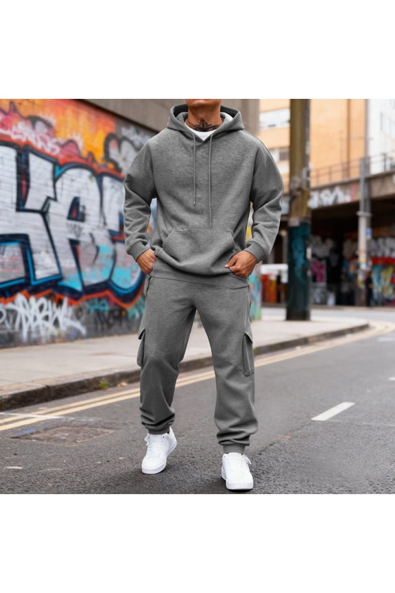 Men's Tracksuits 2 Piece Set Solid Color Fleece Hoodie Jogging Running Pants Set Relaxed Fit Fall Winter Suits with Pockets Gray XL