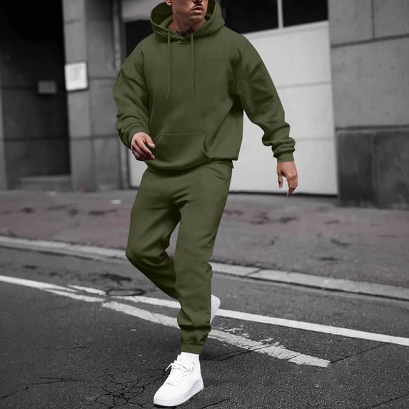 Dwelliawo Men's Tracksuits 2 Piece Set Solid Color Fleece Pullover Hoodies Joggers Running Pants Set Relaxed Fit Winter Suits with Pockets Army Green 2XL