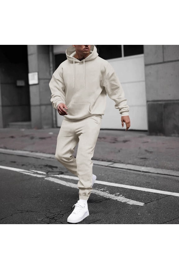 Men's Tracksuits 2 Piece Set Solid Color Relaxed Fit Hoodie Jogging Running Pant Set Fleece Fall Winter Suits with Pockets Beige 3XL