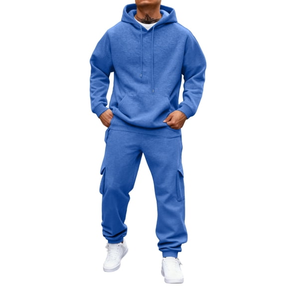 Dwelliawo Men's Tracksuits 2 Piece Set Solid Color Relaxed Fit Hoodie Jogging Sport Pant Set Sweat Fall Winter Suits with Pockets Blue XL
