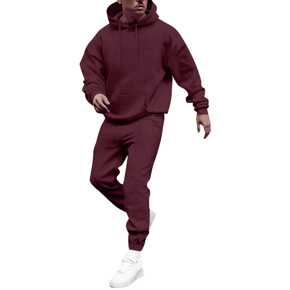 Dwelliawo Men's Tracksuits 2 Piece Set Solid Color Sweat Pullover Hoodies Joggers Running Pant Set Casual Fall Winter Suit with Pockets Wine 2XL