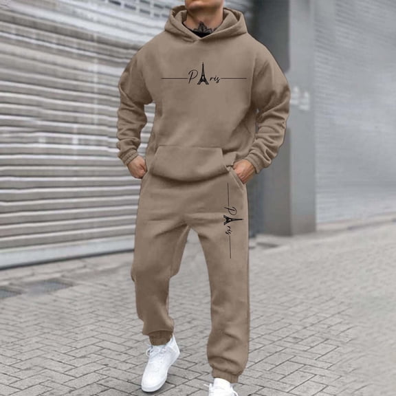 Dwelliawo Men's Tracksuits 2 Piece Set Solid Color Sweat Pullover Hoodies Jogging Athletic Pants Set Relaxed Fit Fall Suit with Pockets Camel 2XL