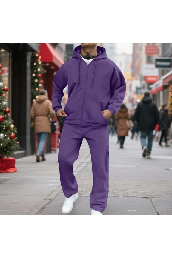 Men's Tracksuits 2 Piece Set Solid Color Zipper Sweat Hoodie Jogging Running Pants Set Relaxed Fit Fall Winter Suit with Pockets Purple L