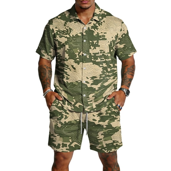 Dwelliawo Men's Tree Camo Print 2 Piece Outfit Casual Button Up Shirt and Drawstring Shorts Set, Lightweight Breathable Summer Outfits for Beach Vacation Daily Wear Khaki 2xL