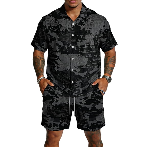 Dwelliawo Men's Tree Camo Print 2 Piece Outfit Casual Button Up Shirt and Drawstring Shorts Set, Lightweight Breathable Summer Outfits for Beach Vacation Daily Wear Black S
