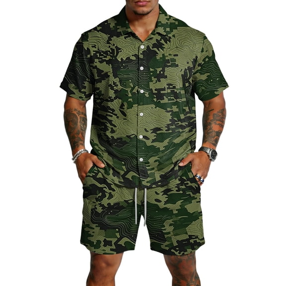 Dwelliawo Men's Tree Camo Print 2 Piece Outfit Casual Button Up Shirt and Drawstring Shorts Set, Lightweight Breathable Summer Outfits for Beach Vacation Daily Wear Army Green 2xL