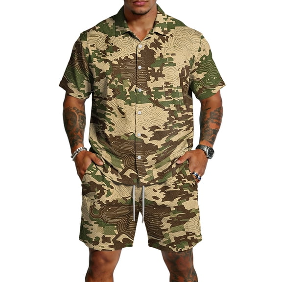 Dwelliawo Men's Tree Camo Print Button Up Shirt and Shorts Set Casual 2 Piece Summer Outfit, Breathable Loose Fit Outfits for Daily Wear and Outdoor Sports Camouflage M